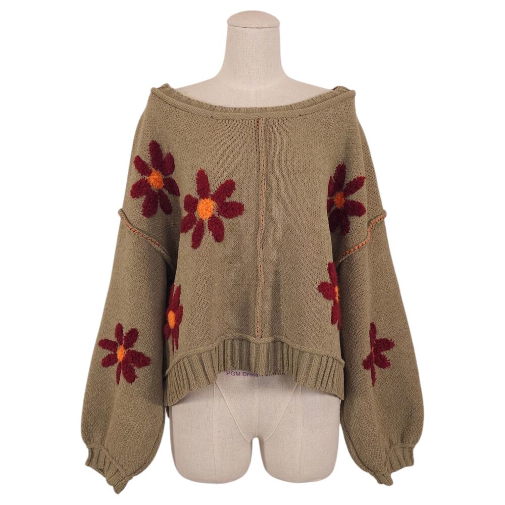 Pol Floral Pattern Chenille Sweater Green Sz Small